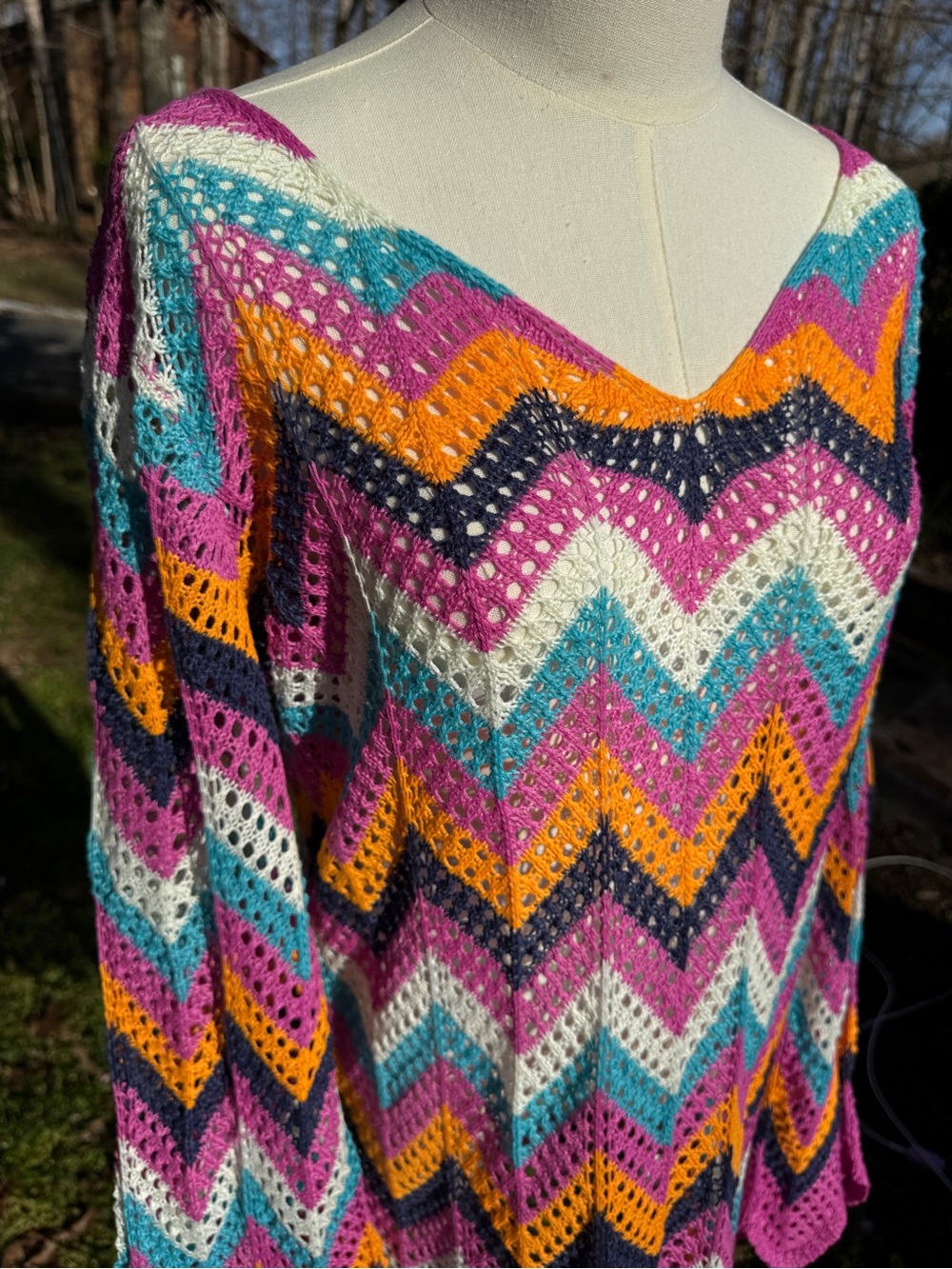 Colorful Crochet Chevron Swim Cover-Up Mini Dress Size Large Boho - Picture 5 of 12